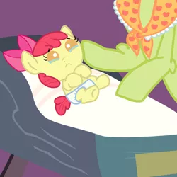 Size: 1000x1000 | Tagged: safe, artist:jolteongirl, derpibooru import, granny smith, pony, baby, baby apple bloom, baby pony, crib, crying, female, foal, grandmother and grandchild, solo focus