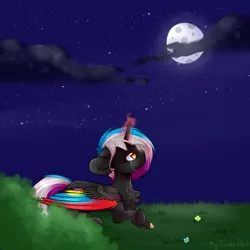 Size: 1000x1000 | Tagged: safe, artist:twinkepaint, derpibooru import, oc, oc:flaming rainbow, unofficial characters only, alicorn, unicorn, cloud, crying, female, magic, mare, moon, night, prone, solo