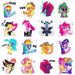 Size: 650x651 | Tagged: safe, derpibooru import, official, applejack, captain celaeno, fluttershy, pinkie pie, princess skystar, rainbow dash, rarity, songbird serenade, spike, storm king, tempest shadow, twilight sparkle, twilight sparkle (alicorn), alicorn, anthro, dragon, earth pony, pegasus, pony, seapony (g4), unicorn, my little pony: the movie, anthro with ponies, broken horn, confetti, cowboy hat, duh, eww, facebook, female, group hug, hat, headworn microphone, hi, hmph, hug, male, mane seven, mane six, mare, reaction image, simple background, singing, sticker, ugh, white background