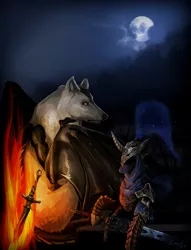 Size: 2724x3573 | Tagged: safe, artist:duh-veed, derpibooru import, princess luna, pony, armor, artorias, bonfire, crossover, dark souls, female, great grey wolf sif, moon, solo, sword, weapon