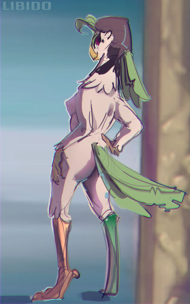 Size: 1685x2697 | Tagged: amputee, anthro, artist:libido, ass, back, breasts, captain celaeno, casual nudity, derpibooru import, female, looking back, my little pony: the movie, nipples, nudity, peg leg, plantigrade anthro, prosthetic leg, prosthetic limb, prosthetics, questionable, sideboob, simple background, solo, solo female