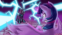 Size: 2400x1350 | Tagged: safe, artist:nightpaint12, derpibooru import, tempest shadow, twilight sparkle, twilight sparkle (alicorn), alicorn, pony, unicorn, my little pony: the movie, armor, broken horn, female, fight, glowing horn, gritted teeth, hoof shoes, horn, lightning, magic, mare, sparking horn