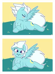 Size: 2175x2910 | Tagged: safe, artist:grim ponka, derpibooru import, fleetfoot, pegasus, pony, adorable face, behaving like a bird, blush sticker, blushing, c:, chest fluff, comic, cute, diafleetes, eyes closed, feather, female, floppy ears, hnnng, looking at you, mare, mouth hold, preening, prone, smiling, solo, spread wings, sweet dreams fuel, weapons-grade cute, wings