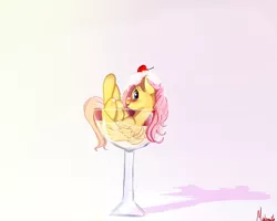 Size: 2500x2000 | Tagged: safe, artist:miokomata, derpibooru import, fluttershy, pony, alcohol, blushing, cherry, cocktail glass, cup, cup of pony, cute, female, food, glass, looking at you, looking back, mare, martini, micro, shyabetes, simple background, smiling, solo, tiny ponies, wine glass
