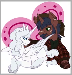 Size: 719x747 | Tagged: safe, artist:dogi-crimson, derpibooru import, oc, oc:daneel, oc:silverheart, unofficial characters only, alicorn, unicorn, alicorn oc, beard, clothes, coonskin cap, facial hair, heart, missing cutie mark, plaid shirt, ponytail, scar, scarf, shipping, wings