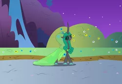 Size: 10803x7492 | Tagged: absurd resolution, artist:kirbymlp, bush, butterfly wings, changeling, changeling queen, clothes, derpibooru import, dress, duchess chrysalis, flower, gala, glasses, grand galloping gala, grass, hill, idw, love, mirror universe, mountain, night, night sky, queen, queen chrysalis, reflections, reversalis, safe, sky, slippers, stars, tree, waterfall