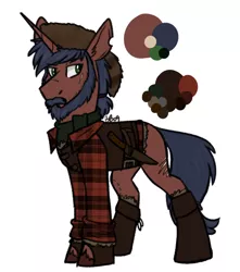 Size: 1162x1317 | Tagged: safe, artist:bluebrush09, deleted from derpibooru, derpibooru import, oc, oc:daneel, unofficial characters only, unicorn, beard, clothes, coonskin cap, facial hair, knife, male, plaid, plaid shirt, reference sheet, scar, scarf, solo