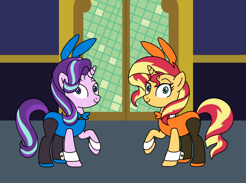 Size: 1110x826 | Tagged: safe, artist:author92, derpibooru import, starlight glimmer, sunset shimmer, ponified, pony, unicorn, alternate costumes, bowtie, bunny ears, bunny suit, clothes, costume, cufflinks, cuffs (clothes), equestria girls ponified, female, leotard, mare, pantyhose, playboy bunny, shoes