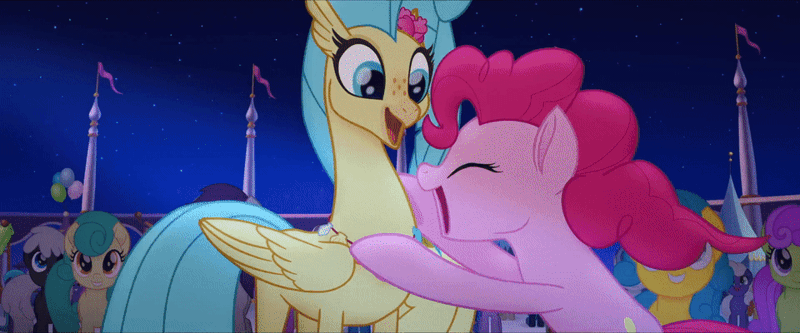 Size: 960x400 | Tagged: safe, derpibooru import, screencap, pinkie pie, princess skystar, classical hippogriff, earth pony, hippogriff, pony, my little pony: the movie, animated, cute, diapinkes, female, gif, happy, hug, laughing, laughingmares.jpg, skyabetes, winghug