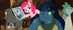 Size: 400x167 | Tagged: safe, derpibooru import, screencap, louise, maud pie, pinkie pie, pushkin, earth pony, frilled lizard, pony, my little pony: the movie, animated, bad breath, barrel vendor, bird vendor, female, gif, in which pinkie pie forgets how to gravity, klugetown, klugetowner, lizard vendor, mare, pinkie being pinkie, pinkie physics, visible stench
