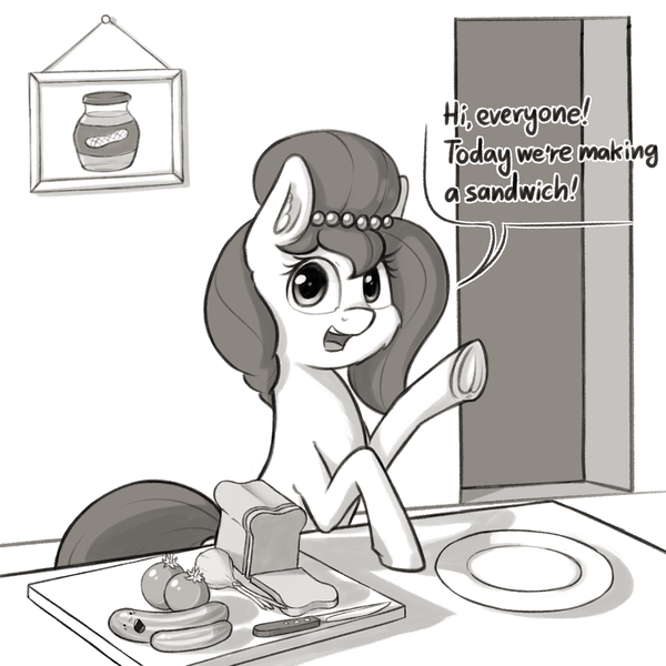 Size: 2304x2304 | Tagged: semi-grimdark, alternate version, artist:dsp2003, derpibooru import, oc, oc:brownie bun, oc:richard, unofficial characters only, earth pony, pony, horse wife, cucumber, female, food, kitchen, knife, leek, male, mare, monochrome, open mouth, pickle rick, rick and morty, this will end in tears and/or breakfast, tomato, underhoof