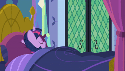 Size: 476x268 | Tagged: safe, derpibooru import, edit, edited screencap, screencap, fluttershy, twilight sparkle, twilight sparkle (alicorn), alicorn, pegasus, pony, a health of information, animated, bed, blanket, eyes closed, faic, female, funny, gif, image macro, mare, meme, pillow, saddle bag, sleeping, smiling, surprised, time for ponies, twilight's castle