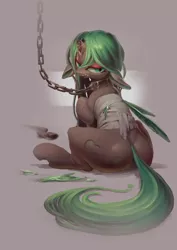 Size: 744x1052 | Tagged: abuse, amputee, artist:derekireba, blood, broken horn, chains, changeling, chrysabuse, collar, derpibooru import, green blood, grimdark, missing limb, queen chrysalis, slave, stump