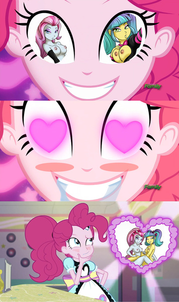 Size: 1280x2160 | Tagged: questionable, artist:ponut_joe, derpibooru import, edit, edited screencap, screencap, pinkie pie, pixel pizazz, violet blurr, coinky-dink world, eqg summertime shorts, equestria girls, breasts, comic, female, lesbian, meme, nipples, nudity, pinkie's eyes, shipper on deck, wingding eyes