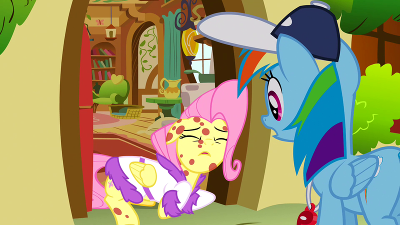 Size: 1920x1080 | Tagged: acting, baseball cap, bathrobe, cap, clothes, coach, derpibooru import, eyes closed, floppy ears, fluttershy, fluttershy's cottage, hat, hurricane fluttershy, moe, open mouth, rainbow dash, rainbow dashs coaching whistle, robe, sad, safe, screencap, sick, weak, whistle, whistle necklace