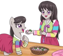 Size: 3543x3129 | Tagged: safe, artist:sumin6301, derpibooru import, octavia melody, earth pony, pony, equestria girls, basket, clothes, cute, female, food, hanbok, human ponidox, mare, open mouth, self ponidox, traditional dress, underhoof