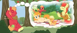 Size: 14000x6000 | Tagged: safe, artist:estories, artist:mundschenk85, derpibooru import, applejack, big macintosh, bright mac, granny smith, pear butter, pony, the perfect pear, absurd resolution, apple siblings, apple sisters, blank flank, blushing, brightbutter, brother and sister, colt big macintosh, father and daughter, father and son, female, filly, filly applejack, grandmother and grandchild, grandmother and granddaughter, grandmother and grandson, guitar, implied apple bloom, male, memory, mother and child, mother and daughter, mother and daughter-in-law, mother and son, pregnant, shipping, siblings, singing, sisters, straight, thought bubble, tree, vector, younger