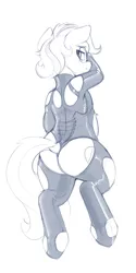 Size: 2000x4000 | Tagged: suggestive, artist:dimfann, derpibooru import, oc, oc:jannie daze, unofficial characters only, earth pony, semi-anthro, clothes, dock, glasses, latex, latex suit, monochrome, plot, rubber, rubber suit, solo, underhoof