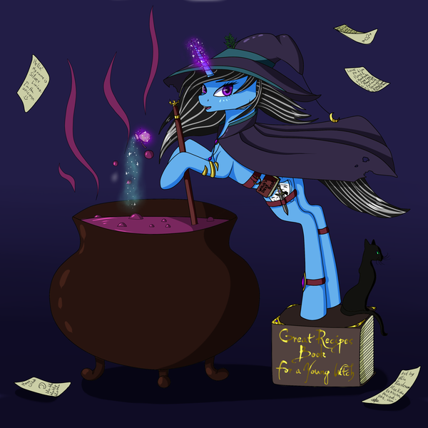 Size: 3000x3000 | Tagged: artist:alicekvartersson, black cat, book, cauldron, clothes, costume, derpibooru import, jewelry, knife, magic, oc, oc:silver lining, potion, potion making, recipe, safe, solo, unofficial characters only, witch, ych result