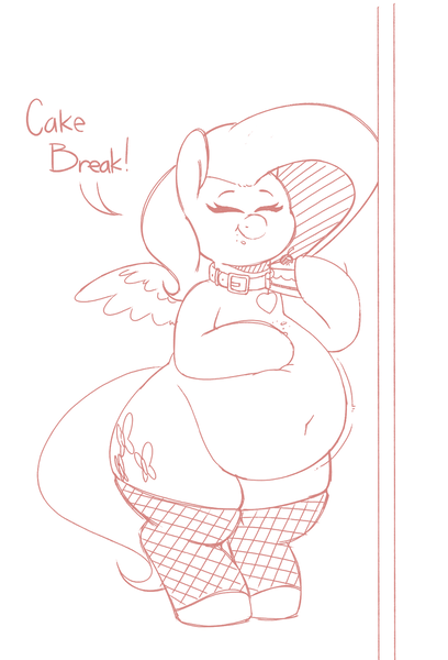 Size: 1113x1637 | Tagged: suggestive, artist:quarantinedchaoz, derpibooru import, fluttershy, pegasus, pony, semi-anthro, belly, belly button, big belly, bipedal, cake, collar, dialogue, eating, explicit source, fat, fattershy, female, fishnets, food, mare, monochrome, pet tag, smiling, solo, solo female, spread wings, stripper pole, thunder thighs, wings