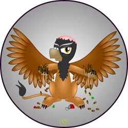 Size: 5000x5000 | Tagged: safe, artist:lakword, derpibooru import, oc, oc:gorscar, unofficial characters only, gryphon, absurd resolution, bald, evil grin, gold coins, grin, holding, rich, simple background, sitting, smiling, solo, transparent background, treasure