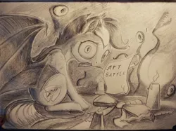 Size: 900x672 | Tagged: safe, artist:ponsce, derpibooru import, oc, unofficial characters only, bat pony, pony, bow, candle, female, mare, monochrome, mouth hold, quill, scroll, sitting, solo, tabun art-battle, traditional art