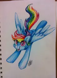 Size: 650x886 | Tagged: artist:ivory crescent, derpibooru import, looking at you, rainbow dash, safe, simple background, smiling, solo, spreading, spread legs, spread wings, traditional art, white background, wings