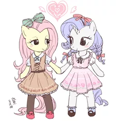 Size: 594x620 | Tagged: safe, artist:yanamosuda, derpibooru import, fluttershy, rarity, pegasus, semi-anthro, unguligrade anthro, unicorn, arm hooves, blushing, bow, clothes, cute, eye contact, female, flarity, hair bow, holding hooves, lesbian, looking at each other, mare, raribetes, shipping, shoes, shyabetes, smiling, socks