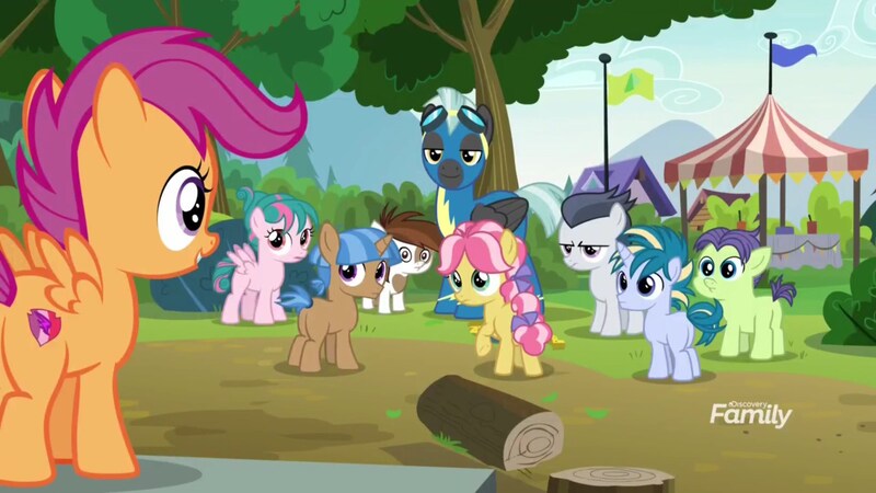 Size: 1920x1080 | Tagged: safe, derpibooru import, screencap, cucumber seed, kettle corn, mocha berry, pipsqueak, rumble, scootaloo, skeedaddle, thunderlane, tulip swirl, pegasus, pony, marks and recreation, colt, discovery family logo, male