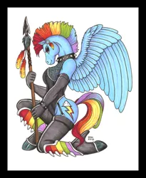 Size: 701x856 | Tagged: alternate hairstyle, anthro, artist:luthiennightwolf, clothes, collar, derpibooru import, hoers, long neck, rainbow dash, safe, solo, spear, weapon