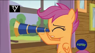 Size: 1320x742 | Tagged: safe, derpibooru import, screencap, scootaloo, pegasus, pony, marks and recreation, discovery family logo, female, filly, foal, solo, telescope, tv-y