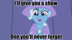 Size: 960x540 | Tagged: boast busters, crazy trixie, derpibooru import, image macro, implied threat, meme, safe, screencap, solo, text, trixie, trixie yells at everything