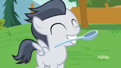 Size: 1920x1080 | Tagged: safe, derpibooru import, screencap, rumble, pegasus, pony, marks and recreation, colt, cute, discovery family logo, eyes closed, grin, male, mouth hold, rumblebetes, smiling, spoon