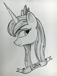 Size: 3024x4032 | Tagged: artist:citizensmiley, bust, crown, derpibooru import, jewelry, monochrome, portrait, princess luna, regalia, safe, solo, traditional art