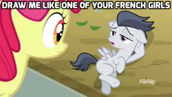 Size: 1024x576 | Tagged: safe, derpibooru import, edit, edited screencap, screencap, apple bloom, rumble, pegasus, pony, marks and recreation, caption, colt, discovery family logo, draw me like one of your french girls, image macro, male, meme, rumbloom, shipping, straight