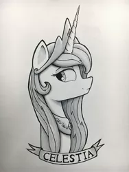 Size: 3024x4032 | Tagged: safe, artist:citizensmiley, derpibooru import, princess celestia, pony, bust, crown, jewelry, looking at you, looking sideways, monochrome, peytral, portrait, profile, regalia, solo, traditional art