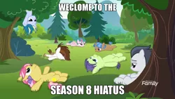 Size: 960x540 | Tagged: safe, derpibooru import, edit, screencap, kettle corn, pipsqueak, rumble, skeedaddle, pegasus, pony, marks and recreation, season 8, bored, colt, discovery family logo, forest, hiatus, hype, image macro, male, meme, sad, tree