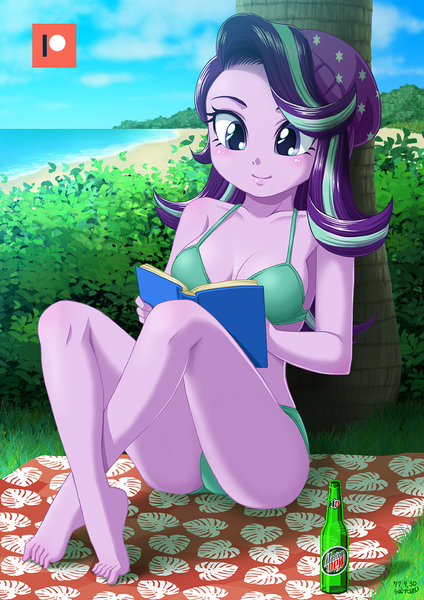 Size: 707x1000 | Tagged: suggestive, artist:uotapo, derpibooru import, starlight glimmer, equestria girls, barefoot, beanie, bikini, book, bottle, breasts, busty starlight glimmer, cleavage, clothes, feet, female, green swimsuit, hat, mountain dew, patreon, patreon logo, product placement, reading, sexy, sitting, smiling, solo, solo female, stupid sexy starlight glimmer, swimsuit