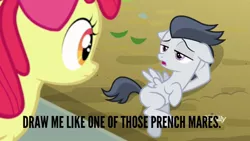 Size: 800x450 | Tagged: safe, derpibooru import, edit, edited screencap, screencap, apple bloom, rumble, pegasus, pony, marks and recreation, caption, colt, draw me like one of your french girls, image macro, male, meme, text, titanic