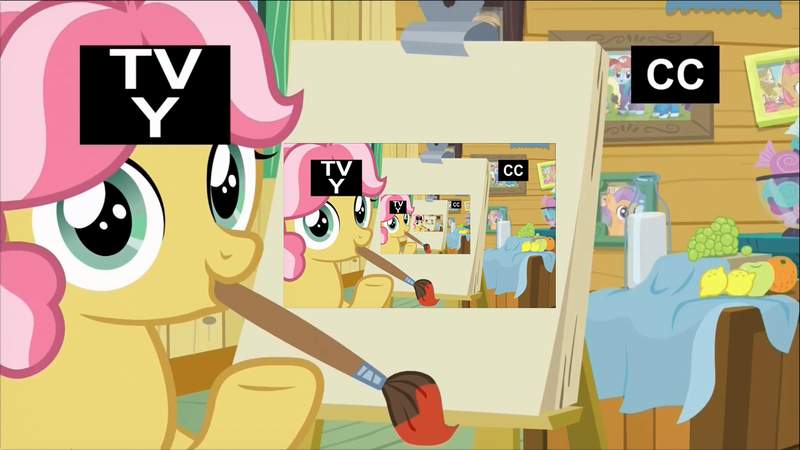 Size: 1320x742 | Tagged: safe, derpibooru import, edit, edited screencap, screencap, babs seed, kettle corn, rainbow dash, tender taps, earth pony, pony, marks and recreation, colt, droste effect, exploitable meme, inception, kettle draws, male, meme, recursion, tv-y