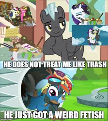 Size: 500x560 | Tagged: safe, derpibooru import, edit, edited screencap, screencap, bon bon, cherry berry, rainbow dash, rarity, sweetie drops, thunderlane, pegasus, pony, marks and recreation, newbie dash, party of one, wonderbolts academy, clothes, female, image macro, male, mare, meme, stallion, trash, trash can, uniform, wonderbolts uniform