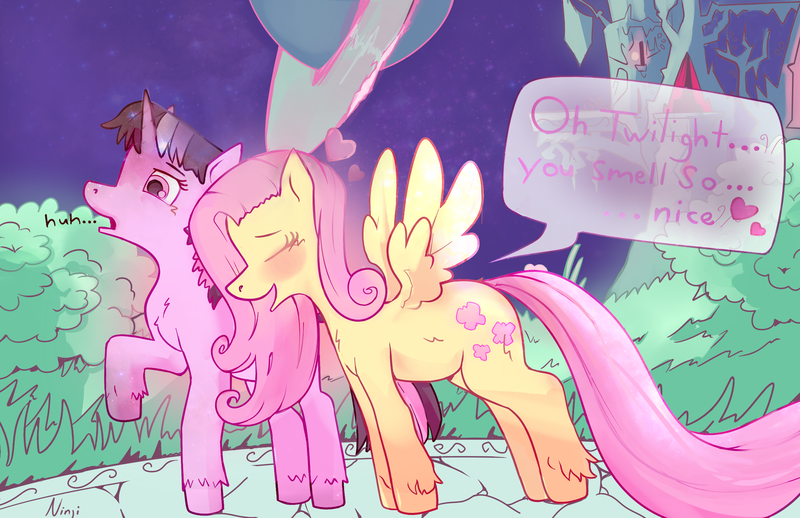 Size: 2090x1352 | Tagged: artist:lawrence alpaca, castle, cobblestone street, derpibooru import, female, fluttershy, lesbian, planet, safe, shipping, smelling, space, twilight sparkle, twishy