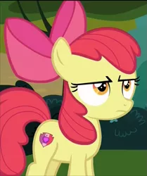 Size: 619x742 | Tagged: safe, derpibooru import, screencap, apple bloom, pony, marks and recreation, solo focus, unamused