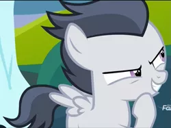 Size: 991x742 | Tagged: safe, derpibooru import, screencap, rumble, pegasus, pony, marks and recreation, colt, cropped, discovery family logo, evil face, male, solo