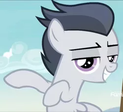 Size: 812x740 | Tagged: safe, derpibooru import, screencap, rumble, pegasus, pony, marks and recreation, colt, cropped, discovery family logo, grin, male, smiling, smug, solo