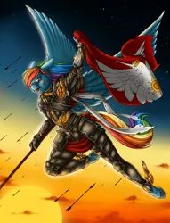 Size: 3552x4640 | Tagged: absurd resolution, anthro, armor, arrow, artist:longinius, badass, blood, derpibooru import, female, flag, flying, mare, pegasus, rainbow dash, safe, spear, sunrise, unguligrade anthro, warrior, weapon