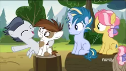 Size: 1320x742 | Tagged: safe, derpibooru import, screencap, kettle corn, pipsqueak, rumble, skeedaddle, pegasus, pony, marks and recreation, colt, discovery family logo, male