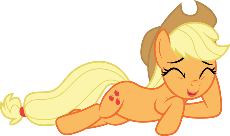 Size: 5053x3001 | Tagged: safe, artist:cloudyglow, derpibooru import, applejack, earth pony, pony, not asking for trouble, .ai available, cowboy hat, cute, eyes closed, female, hat, jackabetes, mare, prone, simple background, smiling, solo, stetson, transparent background, vector