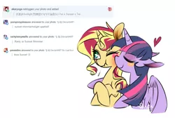 Size: 1000x671 | Tagged: safe, artist:phyllismi, derpibooru import, sunset shimmer, twilight sparkle, twilight sparkle (alicorn), alicorn, unicorn, blushing, blushing profusely, cute, duo, eyes closed, female, heart, hug, kiss on the cheek, kissing, lesbian, mare, milestone, milestone celebration, one eye closed, shimmerbetes, shipping, simple background, sunsetsparkle, tumblr, white background