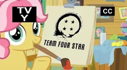 Size: 873x487 | Tagged: safe, derpibooru import, edit, edited screencap, screencap, kettle corn, pony, marks and recreation, exploitable meme, kettle draws, meme, team four star, tv-y